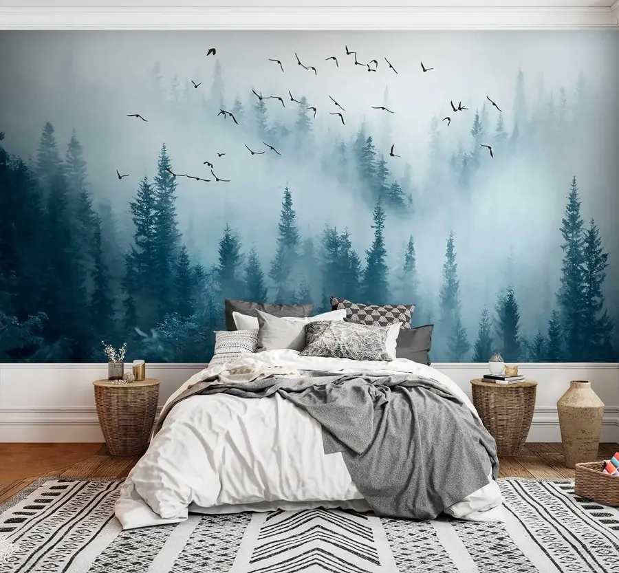 Fototapeta Las we mgle i ptaki u22288