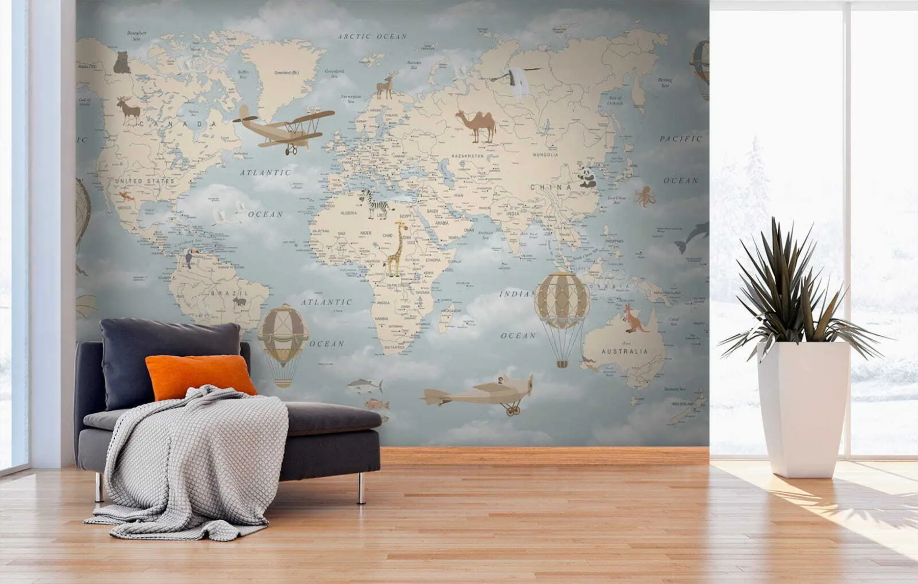 Fototapeta Mapa świata dla dzieci z samolotami u60135