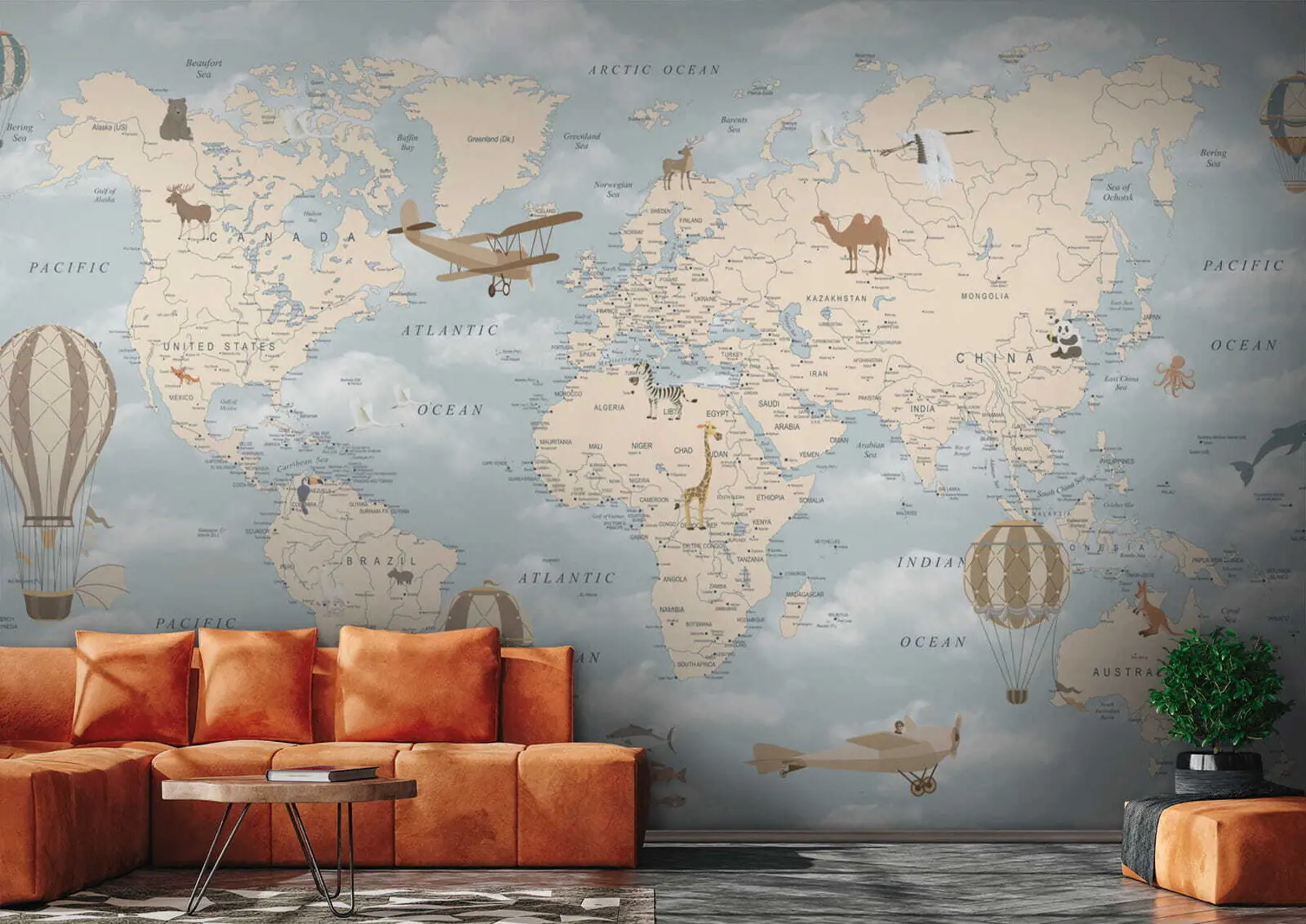 Fototapeta Mapa świata dla dzieci z samolotami u60135