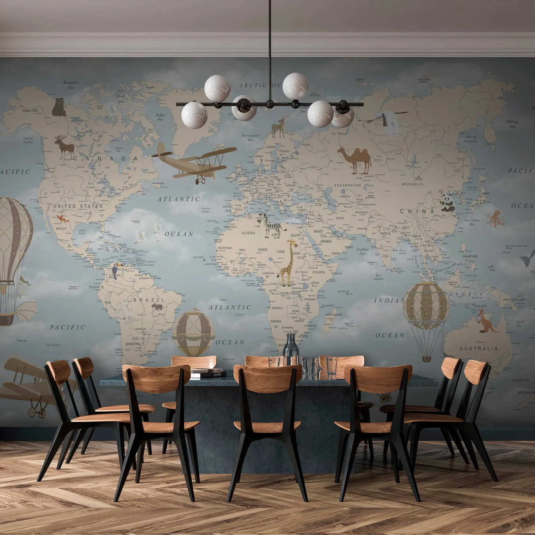 Fototapeta Mapa świata dla dzieci z samolotami u60135