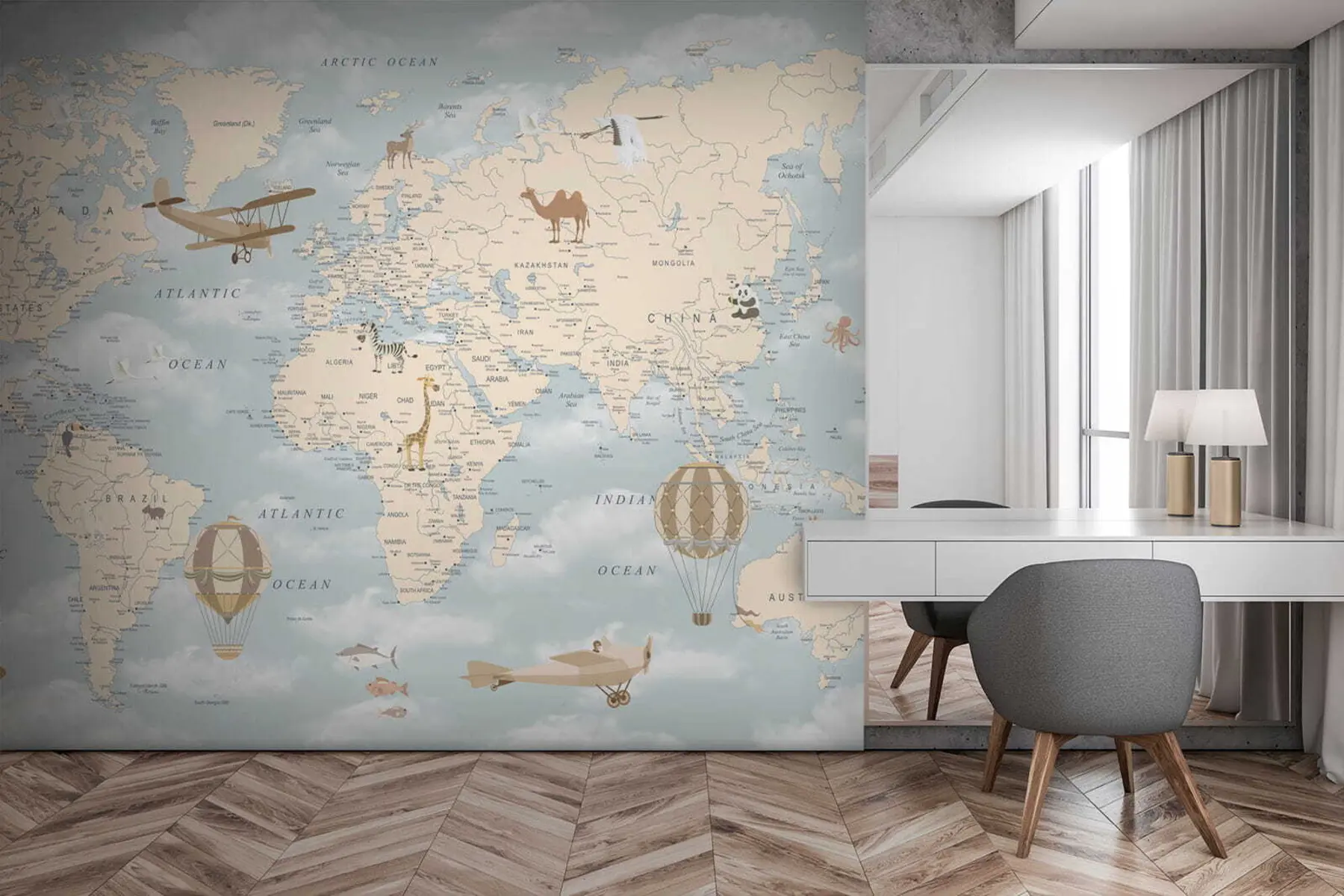 Fototapeta Mapa świata dla dzieci z samolotami u60135