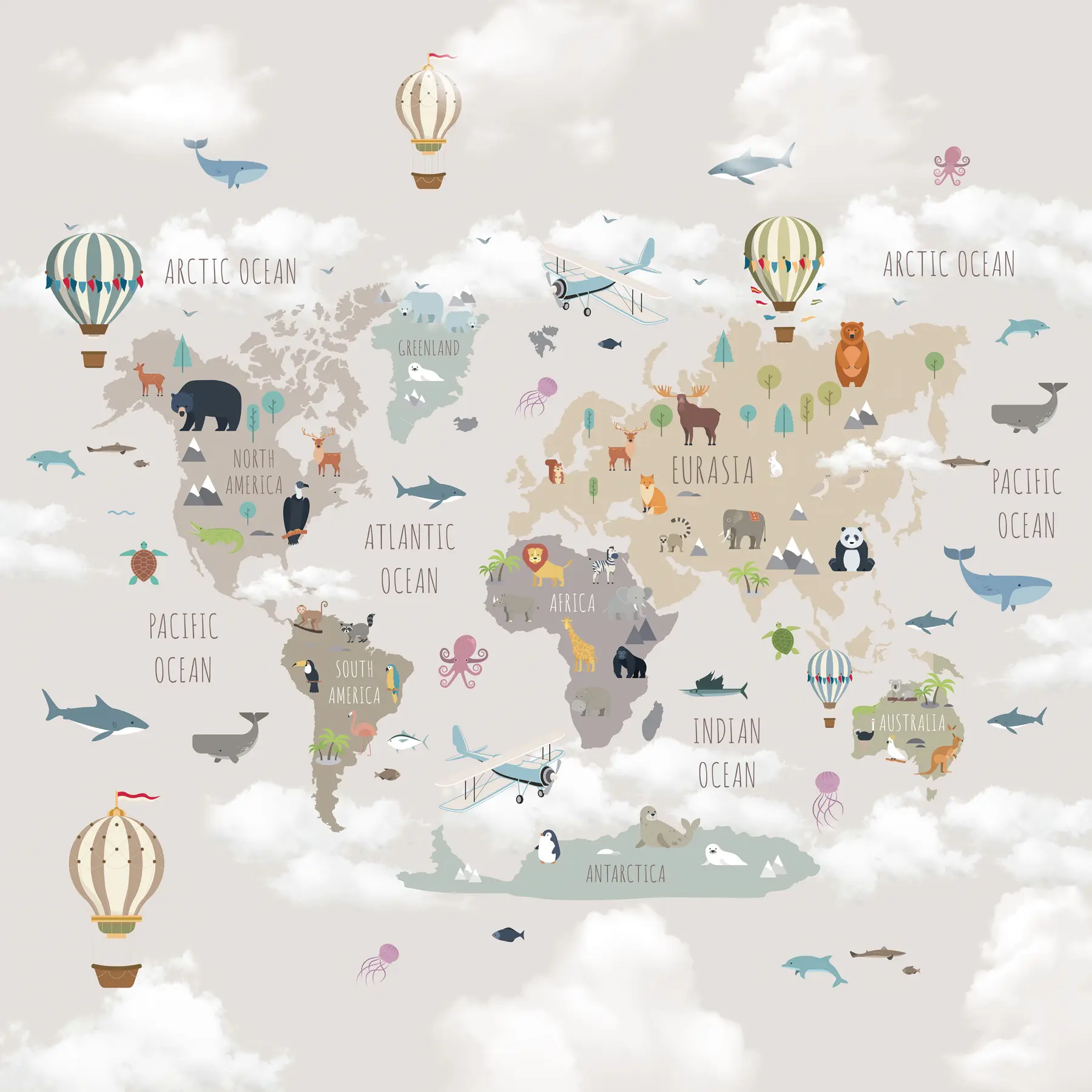 Fototapeta Mapa świata ze zwierzętami i balonami u96461d1