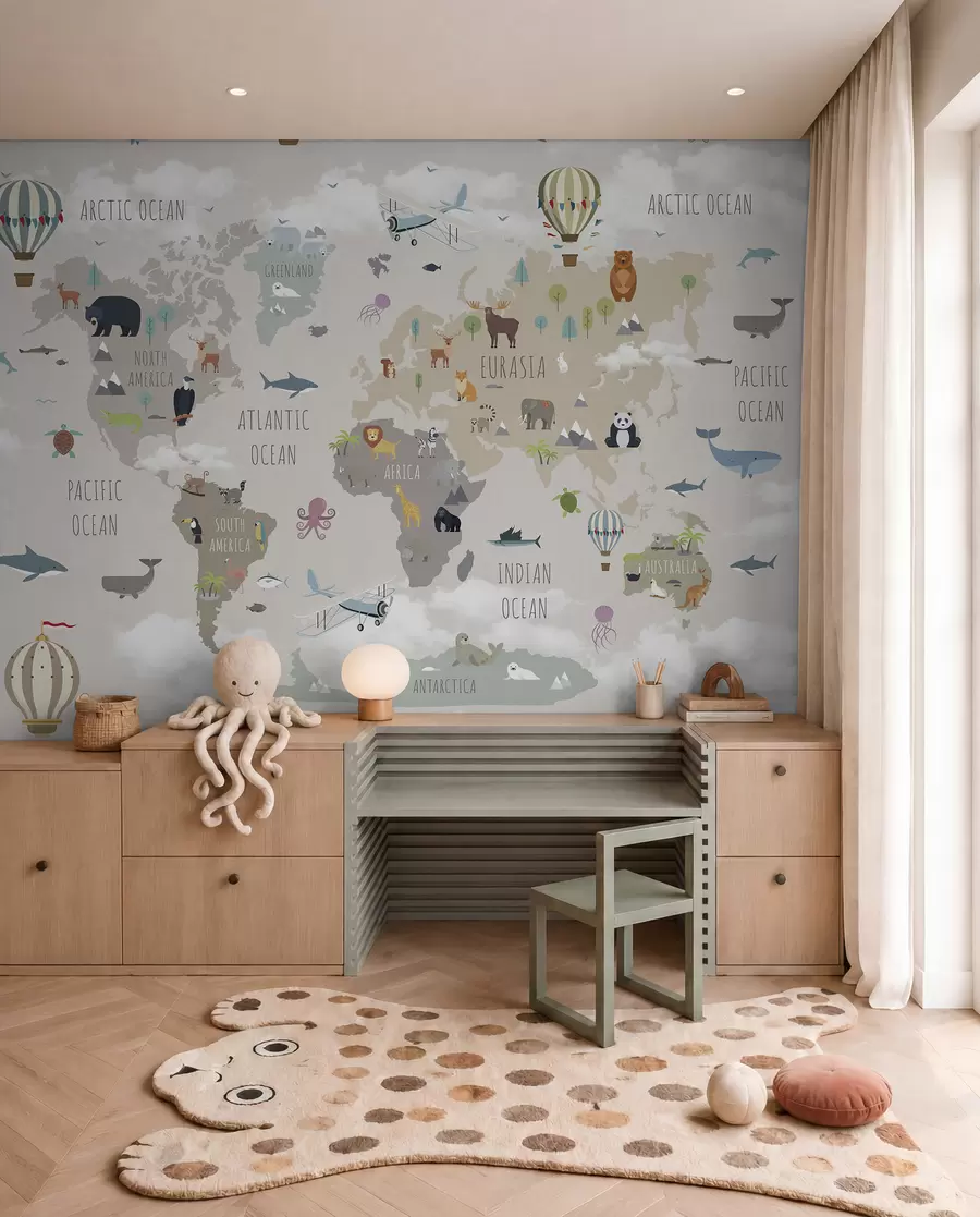Fototapeta Mapa świata ze zwierzętami i balonami u96461d1