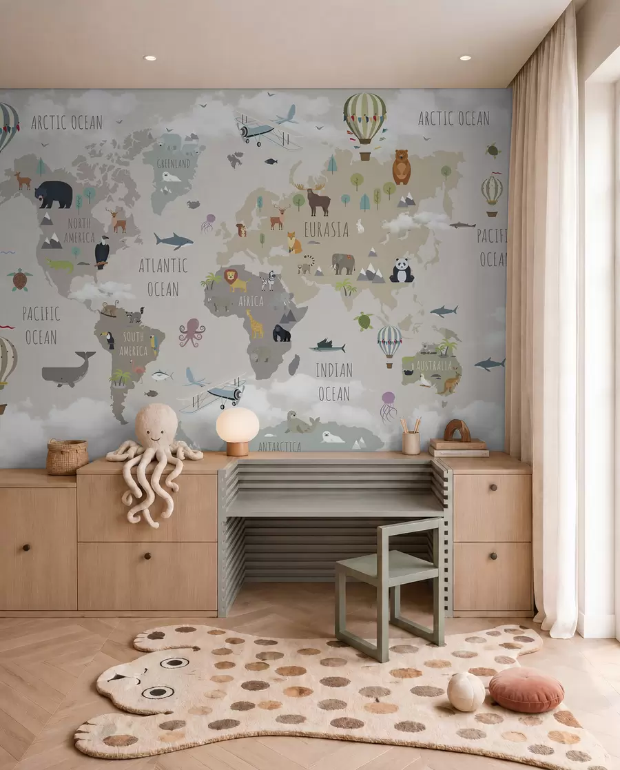 Fototapeta Mapa świata ze zwierzętami i balonami u96461d2