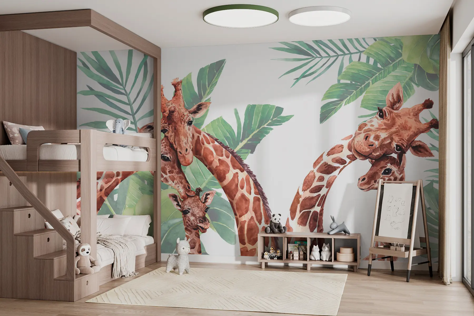 Fototapeta Kreskówka rodzina żyraf i liście palmowe na białym tle w00140v3