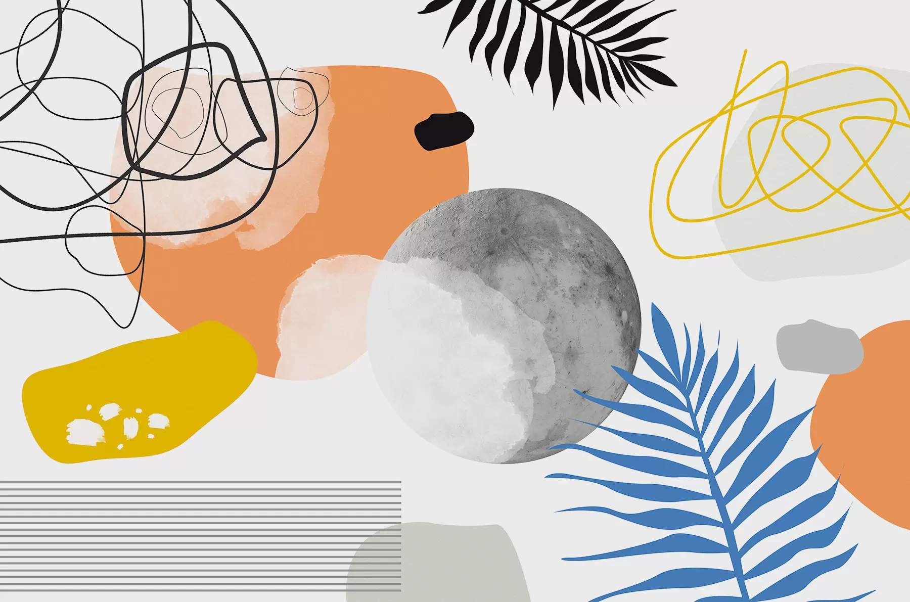 Fototapeta Abstrakcyjna nowoczesność, minimalizm, boho, geometria, plamy akwarelowe, pełnia księżyca, sylwetka liścia palmowego, topografia, zawiłość, pomarańczowy, żółty, szary w00508