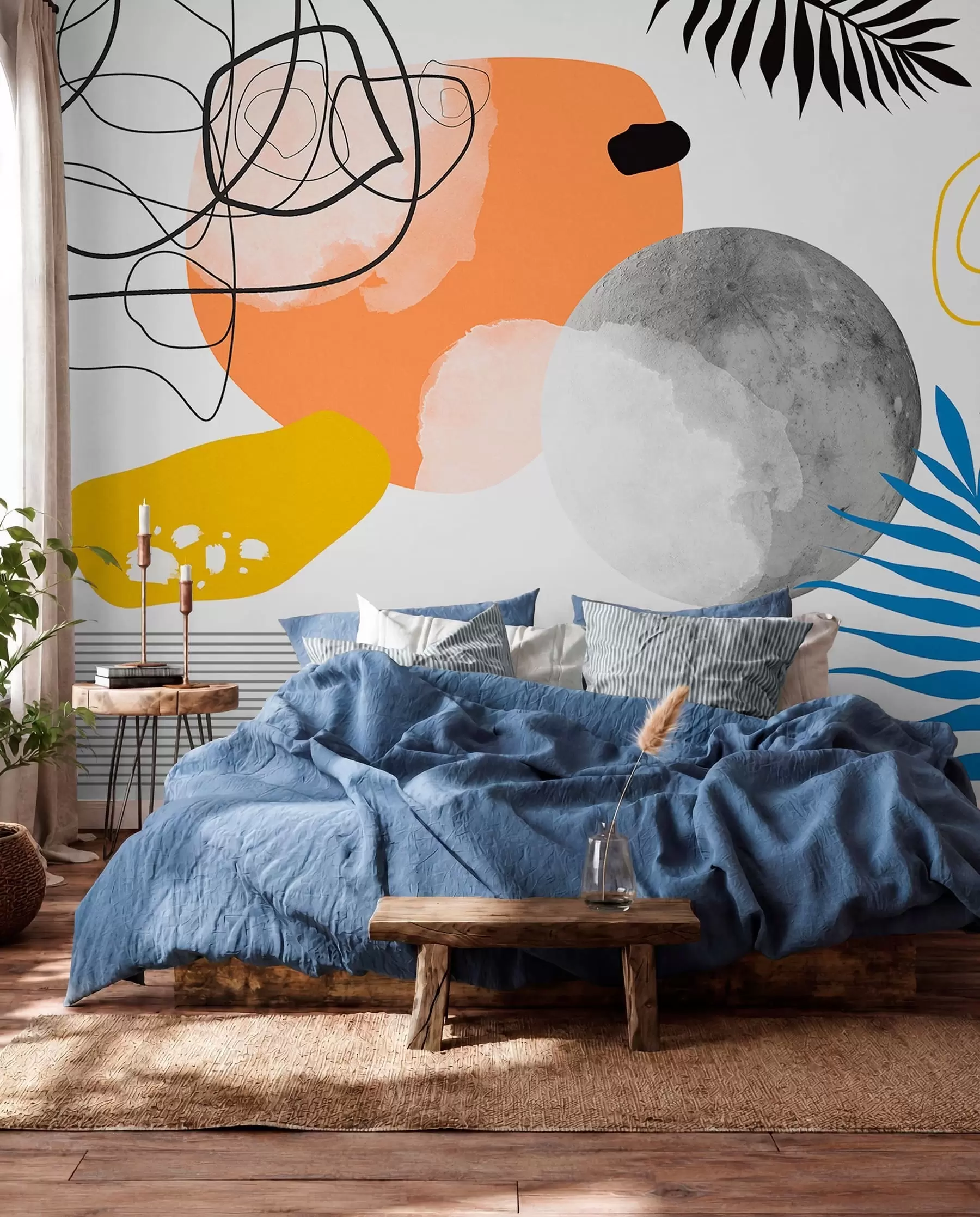 Fototapeta Abstrakcyjna nowoczesność, minimalizm, boho, geometria, plamy akwarelowe, pełnia księżyca, sylwetka liścia palmowego, topografia, zawiłość, pomarańczowy, żółty, szary w00508