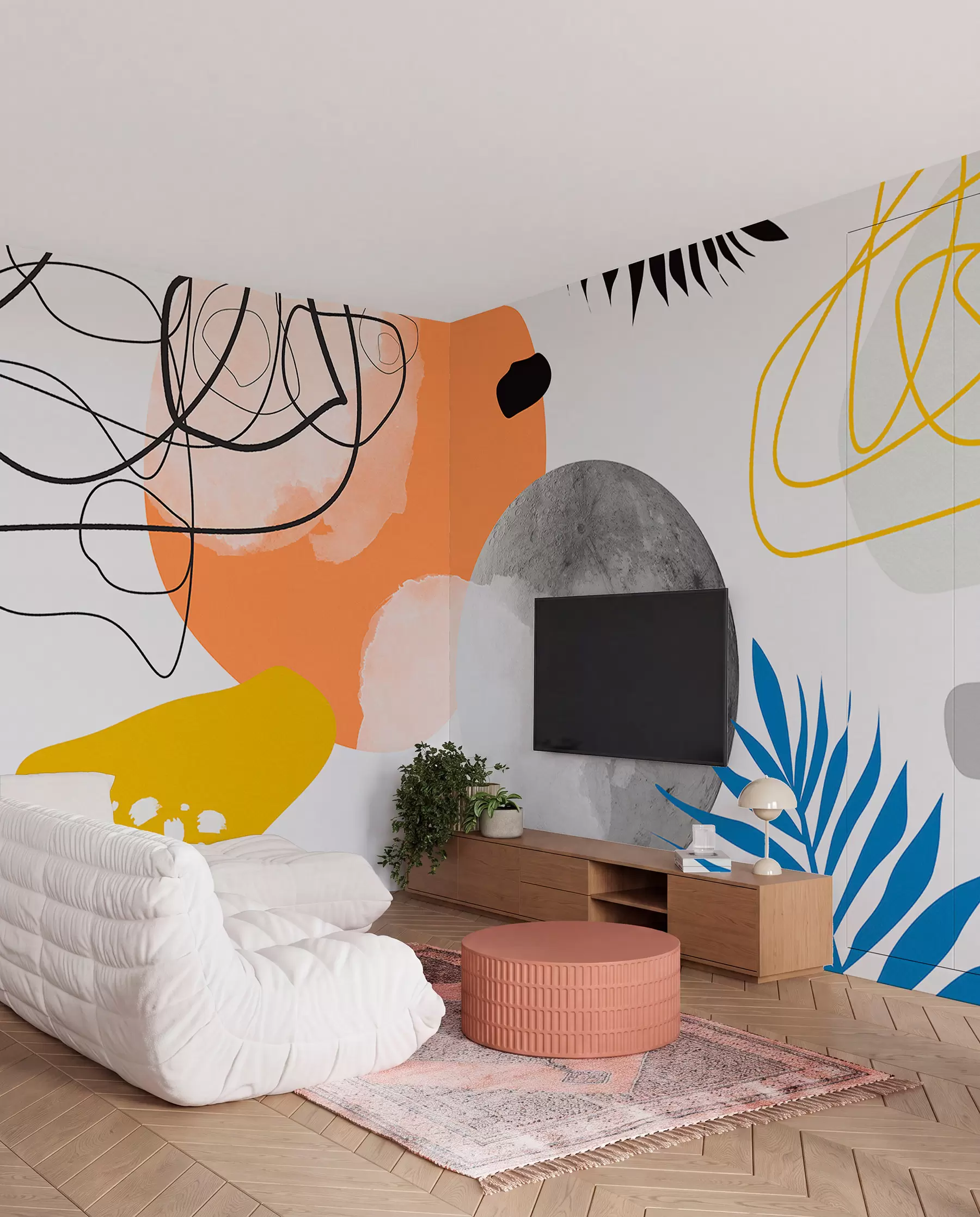 Fototapeta Abstrakcyjna nowoczesność, minimalizm, boho, geometria, plamy akwarelowe, pełnia księżyca, sylwetka liścia palmowego, topografia, zawiłość, pomarańczowy, żółty, szary w00508