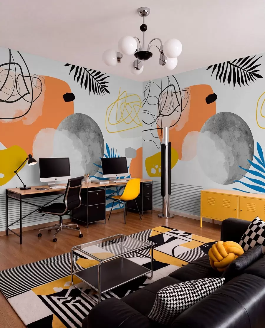 Fototapeta Abstrakcyjna nowoczesność, minimalizm, boho, geometria, plamy akwarelowe, pełnia księżyca, sylwetka liścia palmowego, topografia, zawiłość, pomarańczowy, żółty, szary w00508
