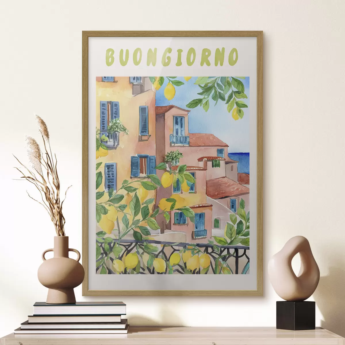 Plakat Włoska architektura miasta, wybrzeże morskie, lato, akwarela, drzewo cytrynowe f38395