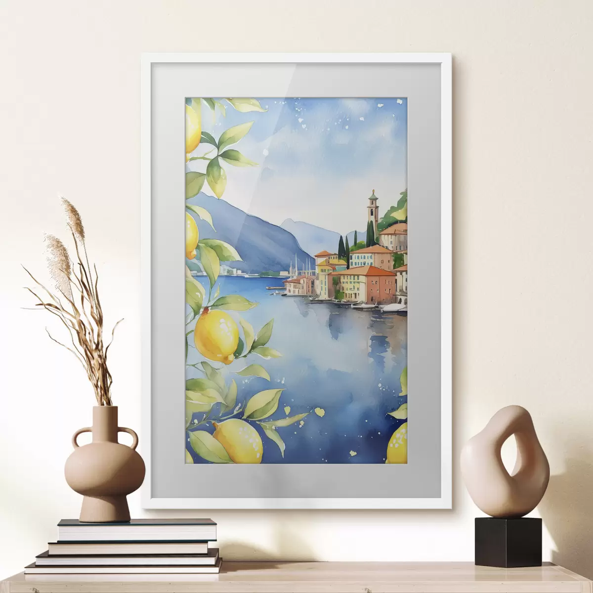 Plakat Włoskie jezioro, lato, akwarela, pejzaż przyrodniczy, cytryny, architektura miasta f38397