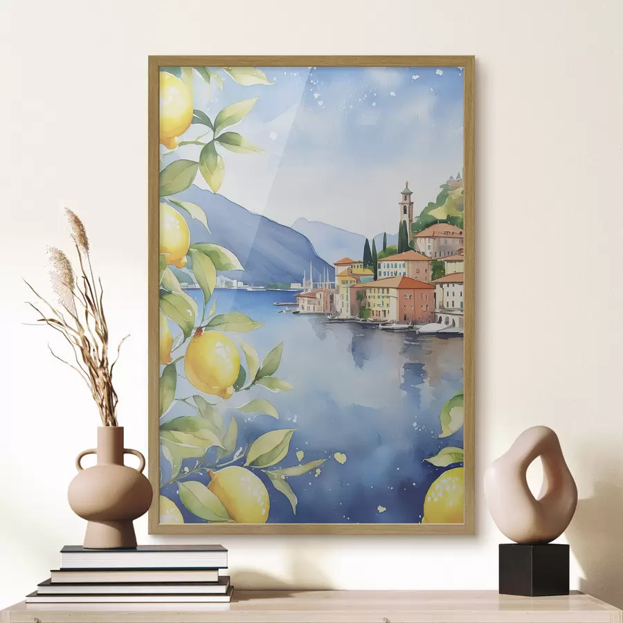 Fototapeta Włoskie jezioro, lato, akwarela, pejzaż przyrodniczy, cytryny, architektura miasta f38397