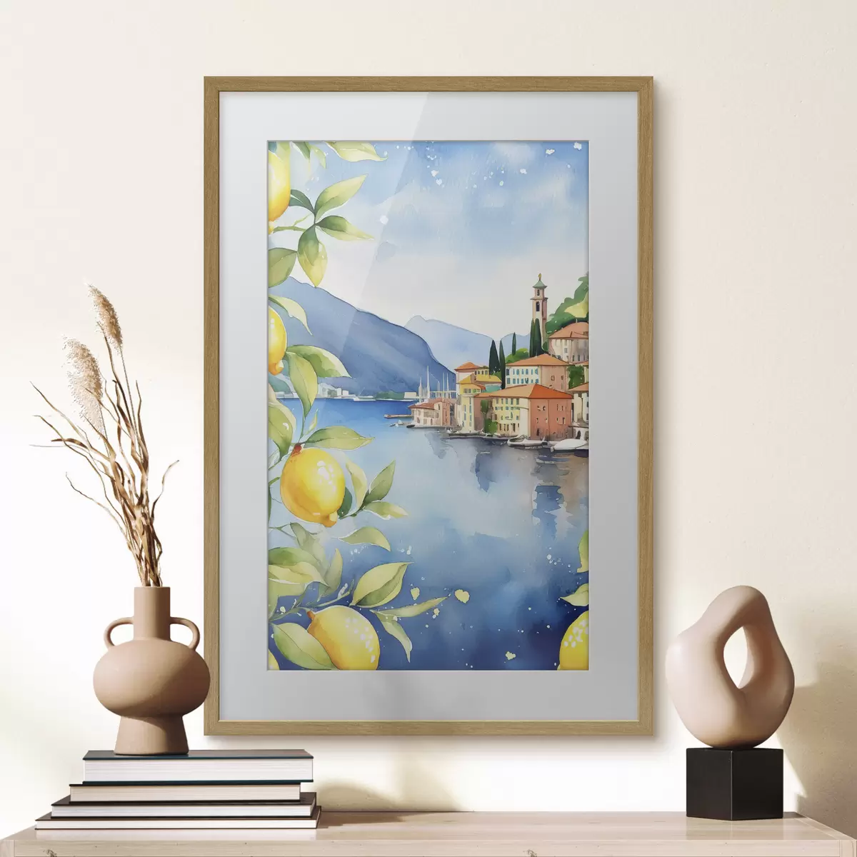 Plakat Włoskie jezioro, lato, akwarela, pejzaż przyrodniczy, cytryny, architektura miasta f38397