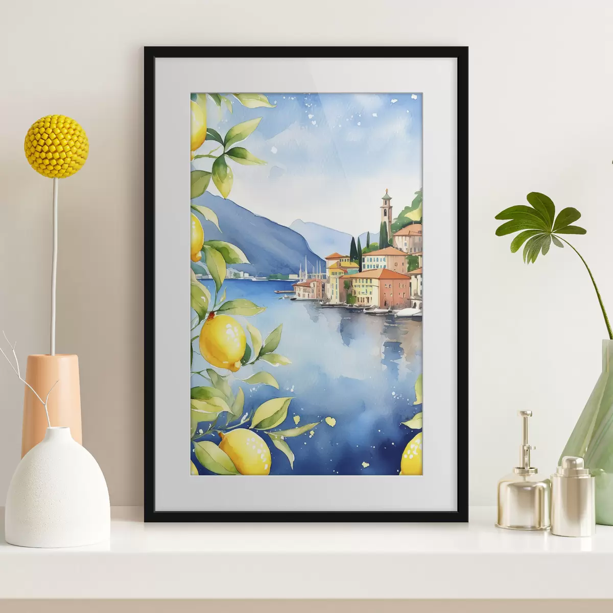 Plakat Włoskie jezioro, lato, akwarela, pejzaż przyrodniczy, cytryny, architektura miasta f38397