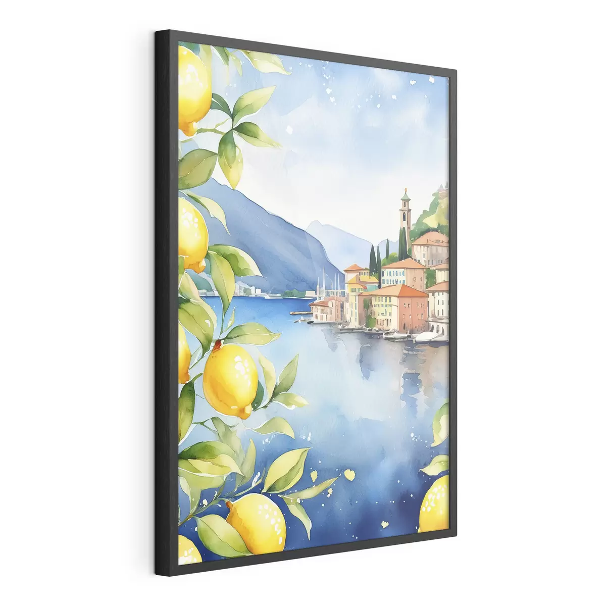 Plakat Włoskie jezioro, lato, akwarela, pejzaż przyrodniczy, cytryny, architektura miasta f38397