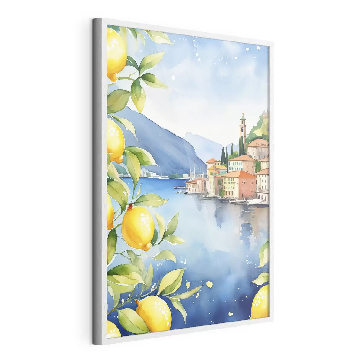 Plakat Włoskie jezioro, lato, akwarela, pejzaż przyrodniczy, cytryny, architektura miasta f38397