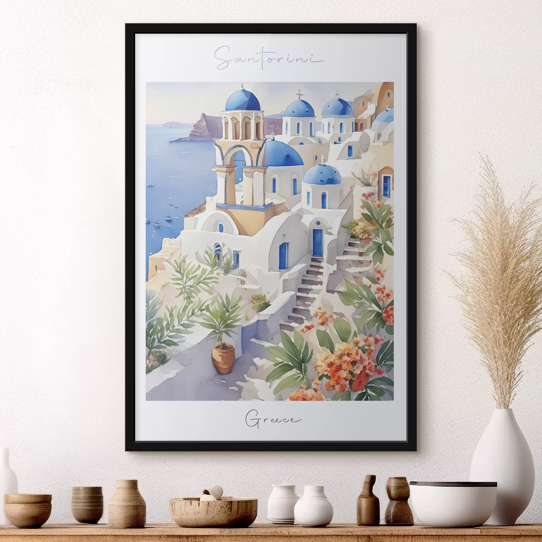 Fototapeta Santorini, Grecja architektura, akwarela, lato, wybrzeże Morza Śródziemnego f38400