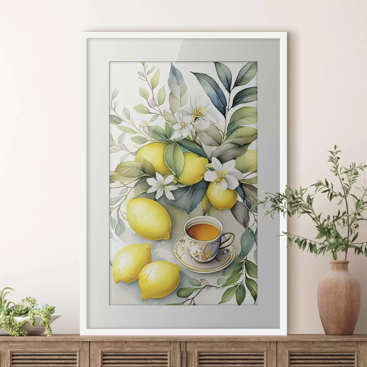 Plakat Cytryny i kwiaty, akwarela, śniadanie, filiżanka herbaty, styl boho f38403