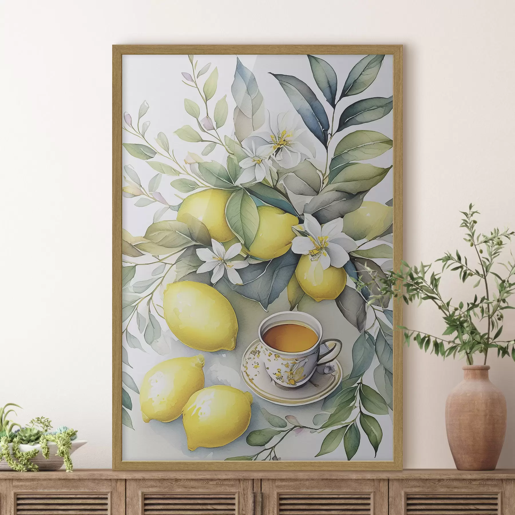 Fototapeta Cytryny i kwiaty, akwarela, śniadanie, filiżanka herbaty, styl boho f38403