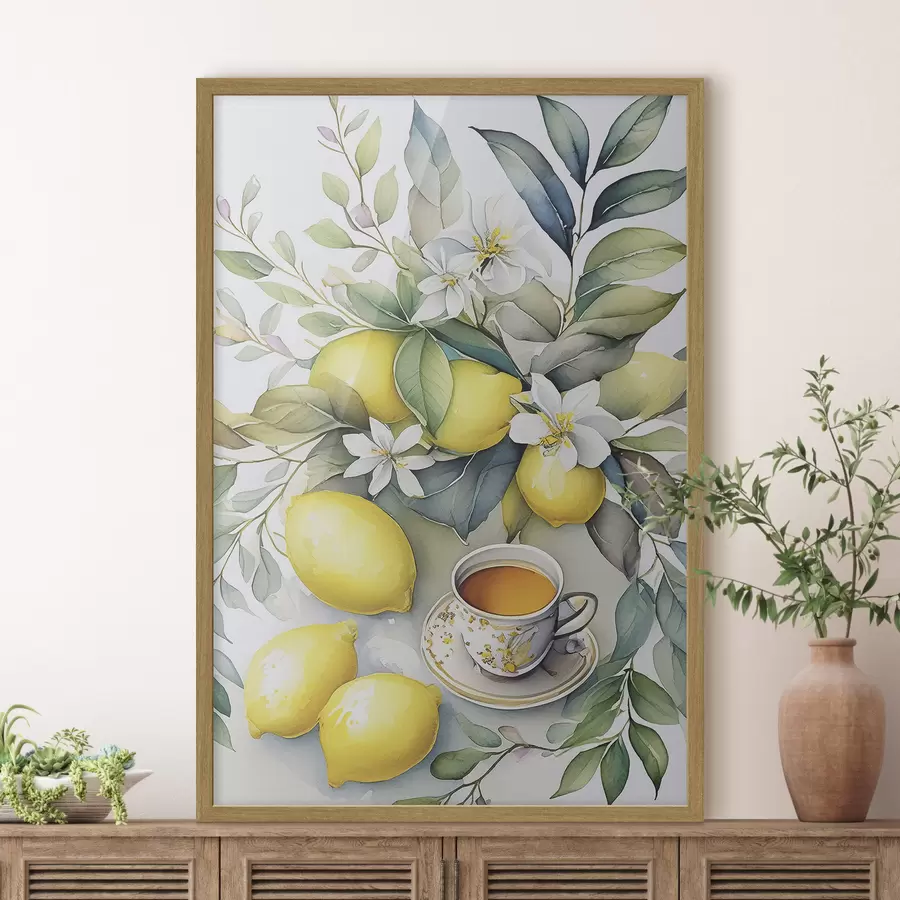 Fototapeta Cytryny i kwiaty, akwarela, śniadanie, filiżanka herbaty, styl boho f38403