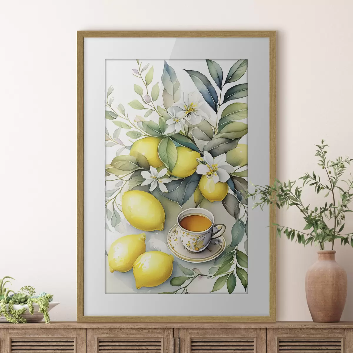 Plakat Cytryny i kwiaty, akwarela, śniadanie, filiżanka herbaty, styl boho f38403