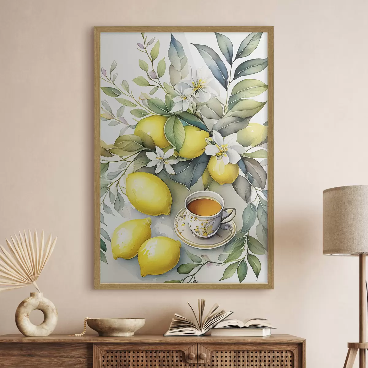 Plakat Cytryny i kwiaty, akwarela, śniadanie, filiżanka herbaty, styl boho f38403