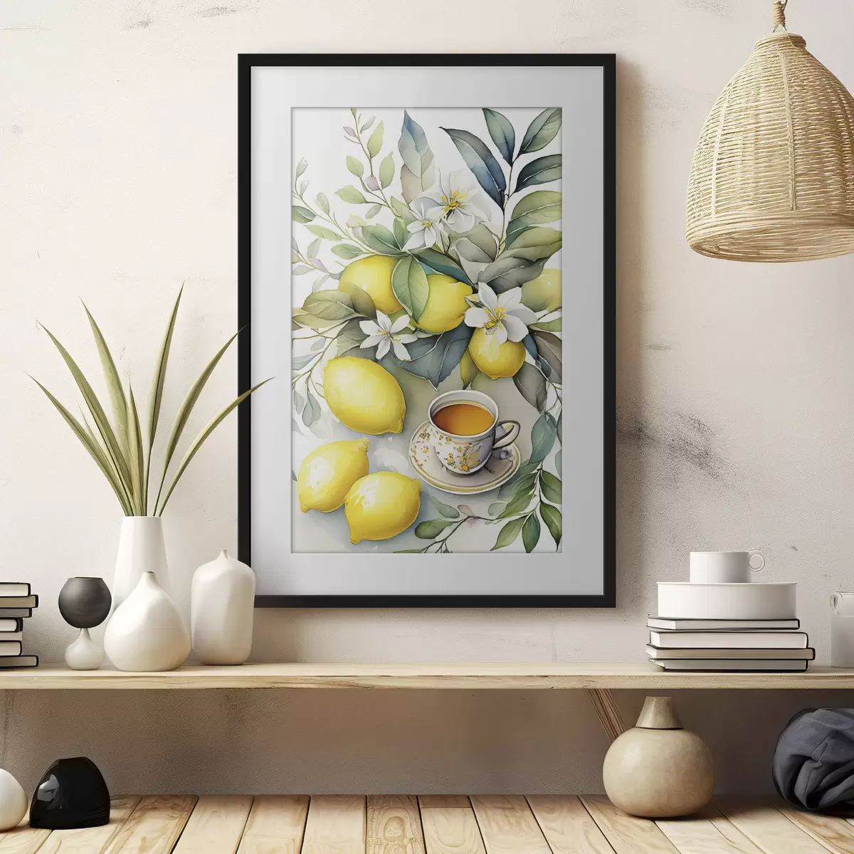 Plakat Cytryny i kwiaty, akwarela, śniadanie, filiżanka herbaty, styl boho f38403