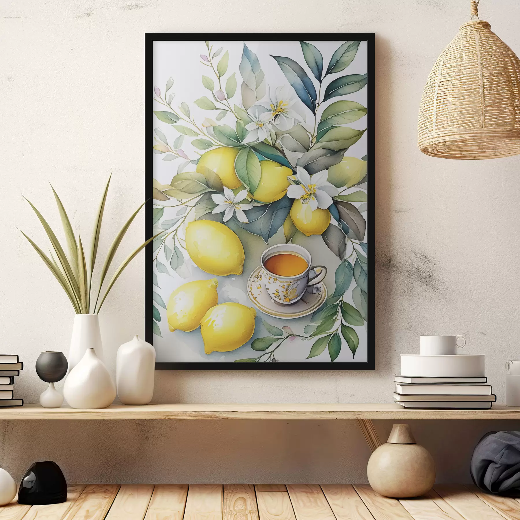 Fototapeta Cytryny i kwiaty, akwarela, śniadanie, filiżanka herbaty, styl boho f38403