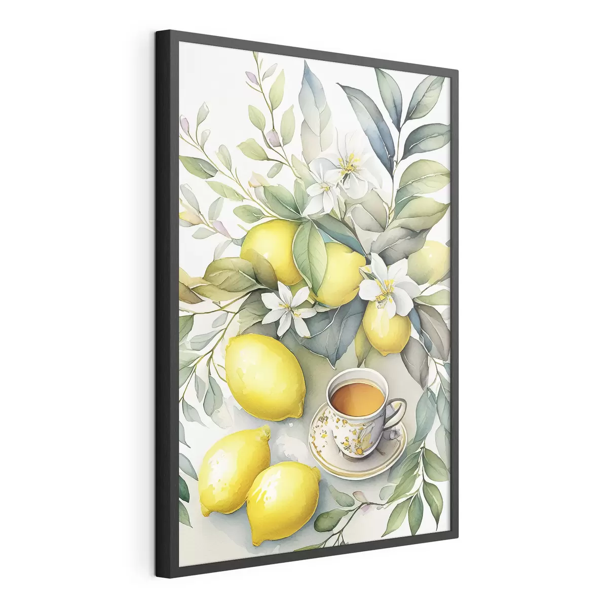 Plakat Cytryny i kwiaty, akwarela, śniadanie, filiżanka herbaty, styl boho f38403