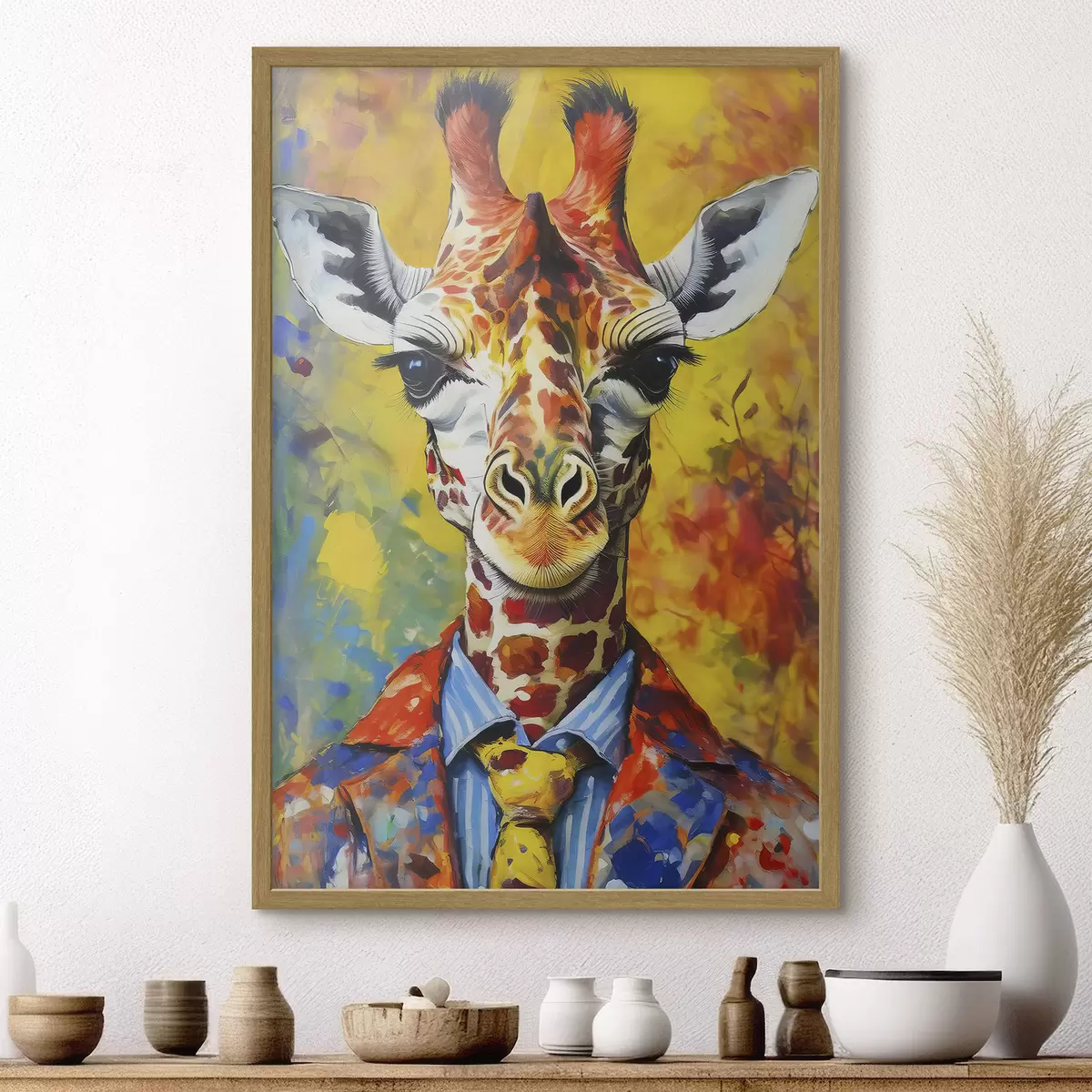 Plakat portret żyrafy w garniturze na żółtym tle f38606