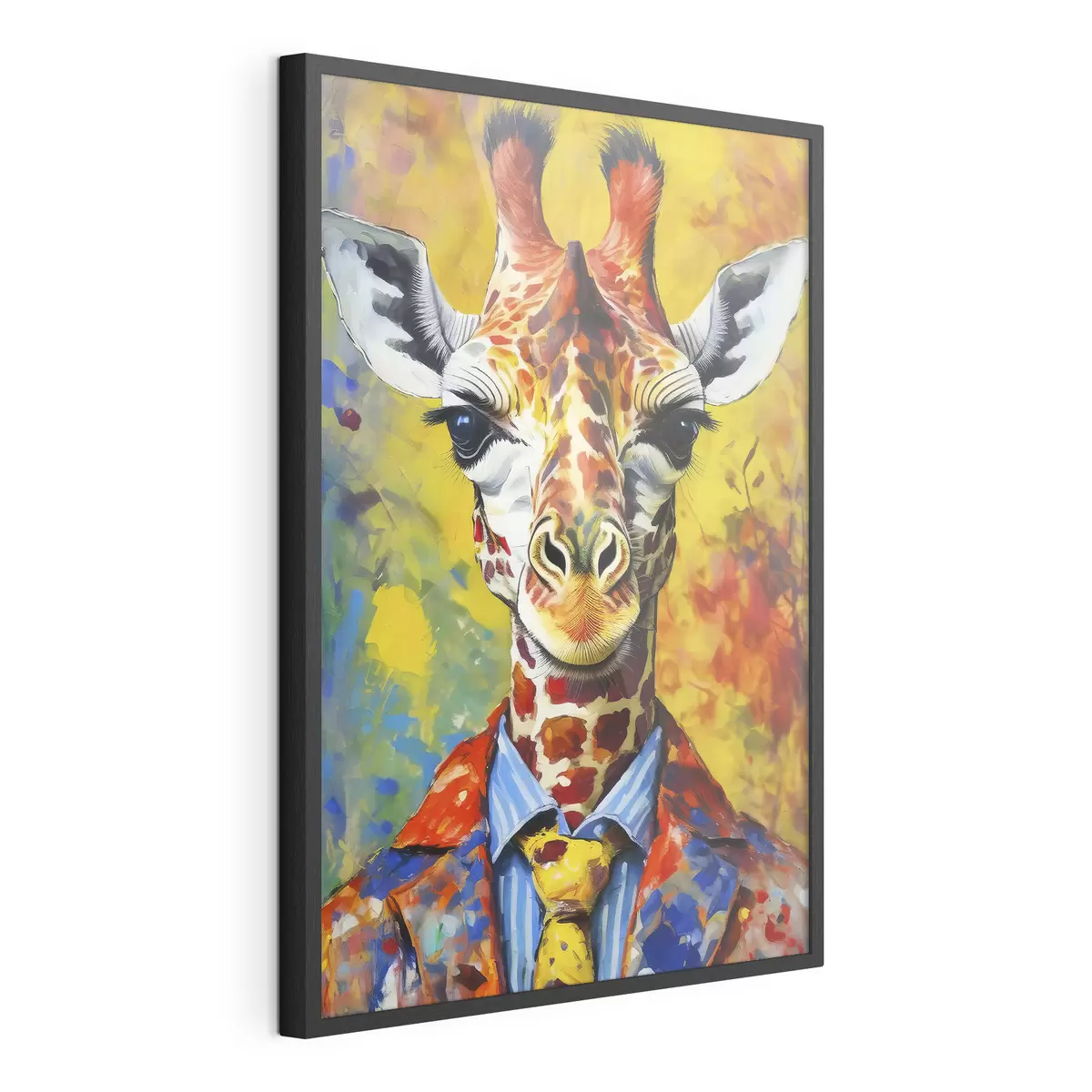 Plakat portret żyrafy w garniturze na żółtym tle f38606