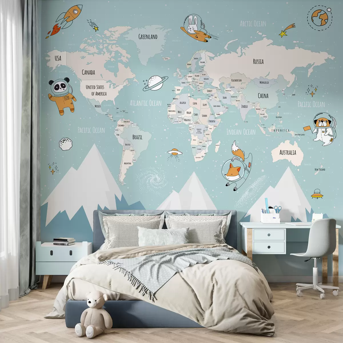 Fototapeta Mapa krajów świata z astronautami-zwierzętami w00066d1