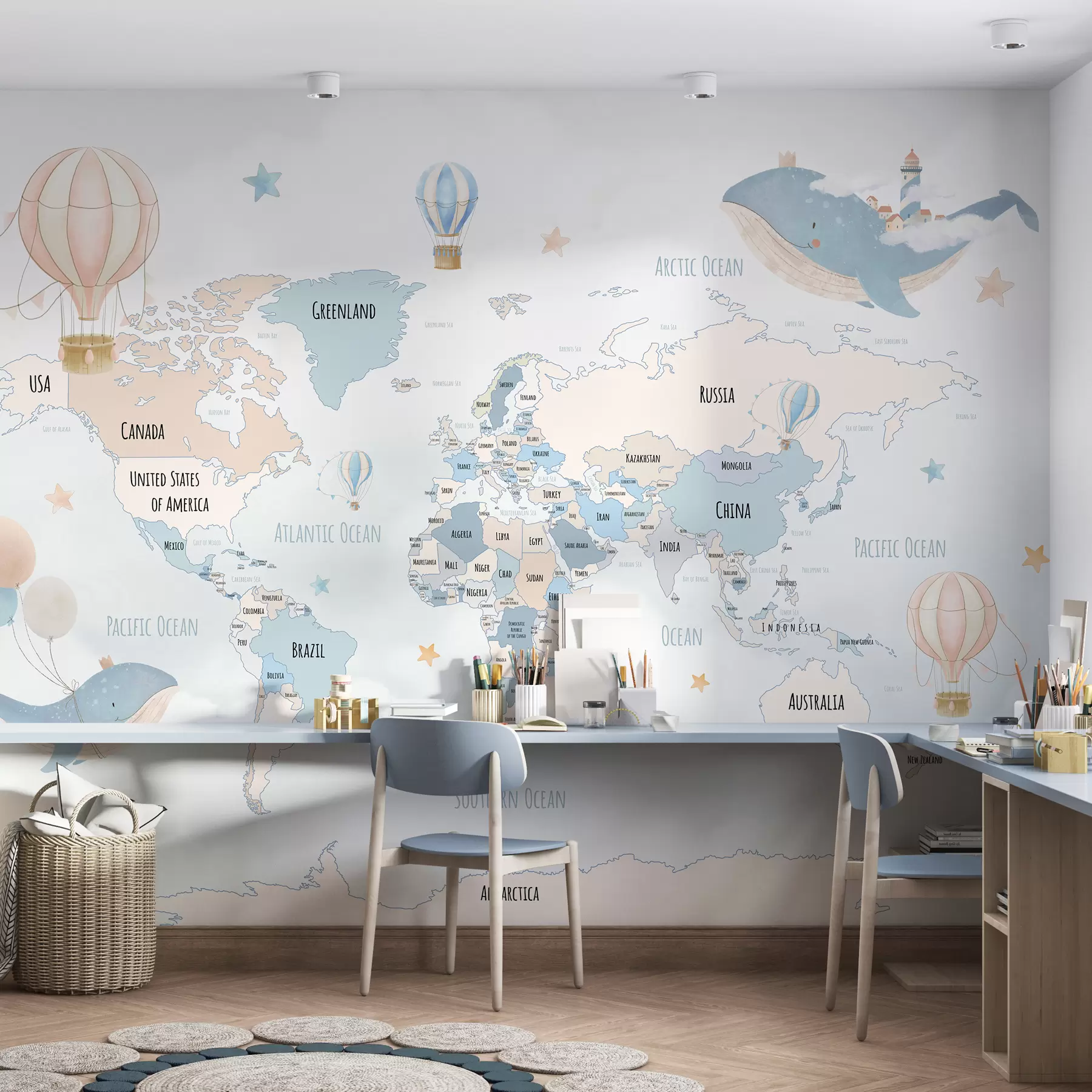 Fototapeta Mapa świata z wielorybami i balonami w pastelowych kolorach niebieskim i różowym w00680v2