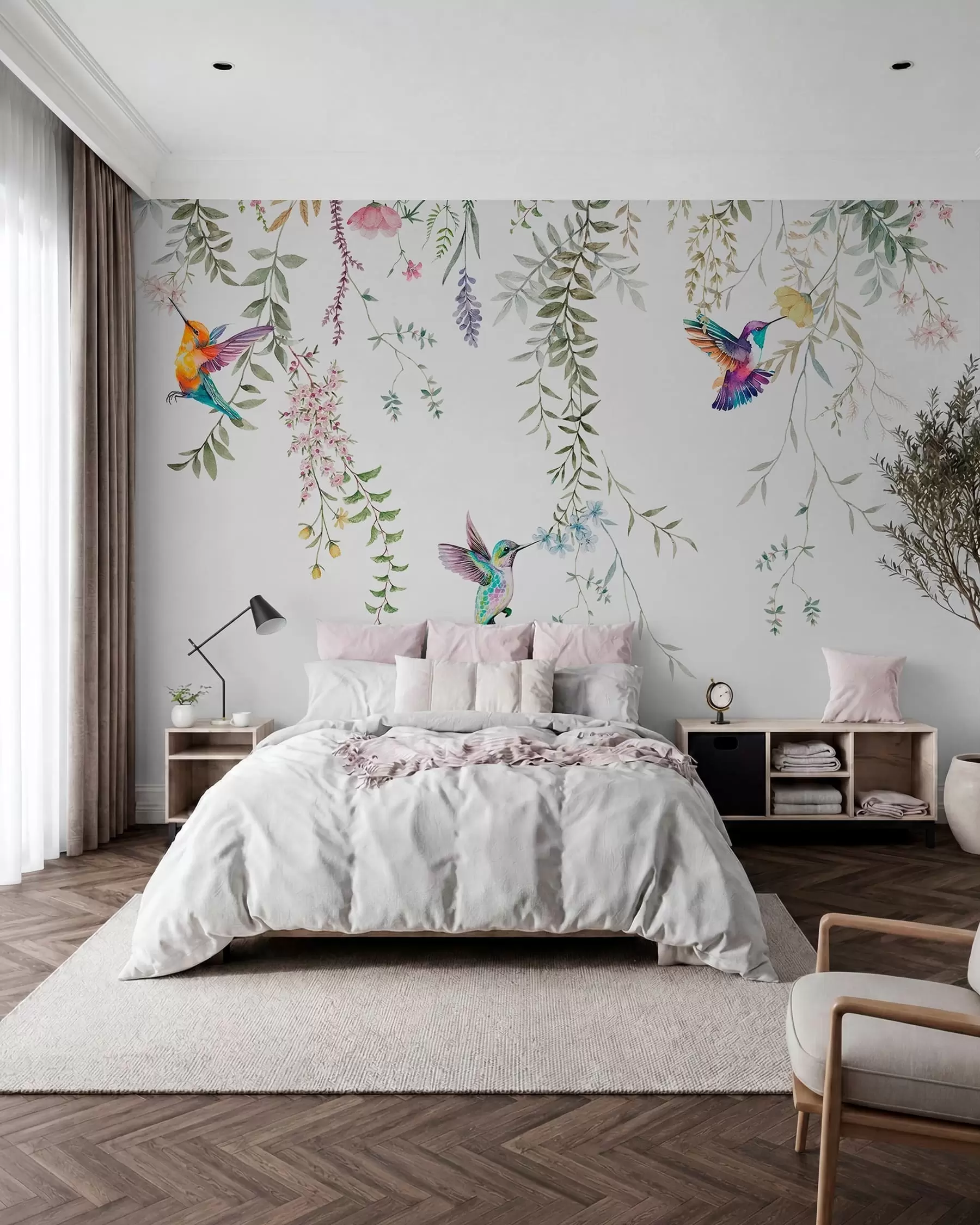 Fototapeta Wiszące kwiaty i liście oraz piękne kolibry w00660