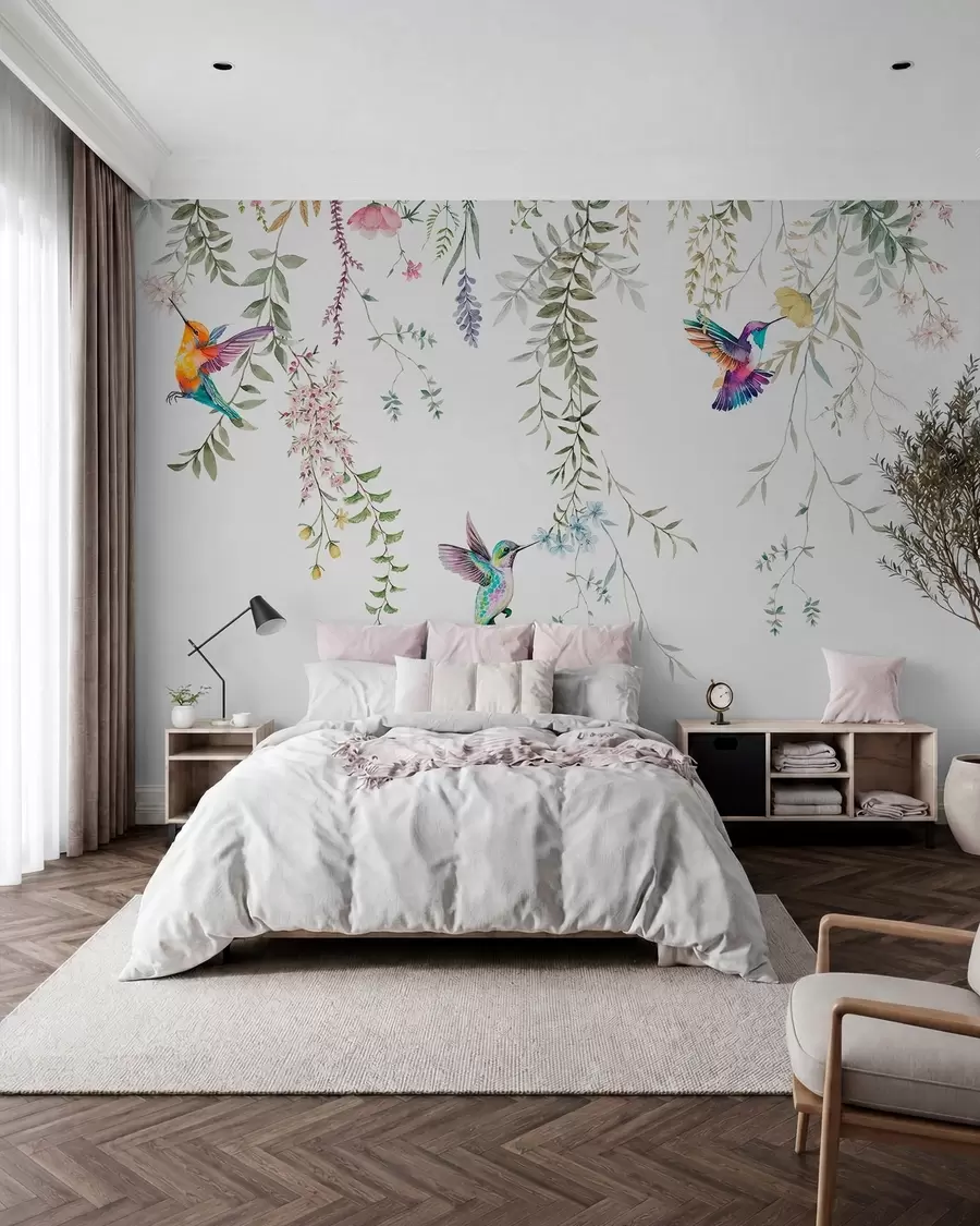 Fototapeta Wiszące kwiaty i liście oraz piękne kolibry w00660