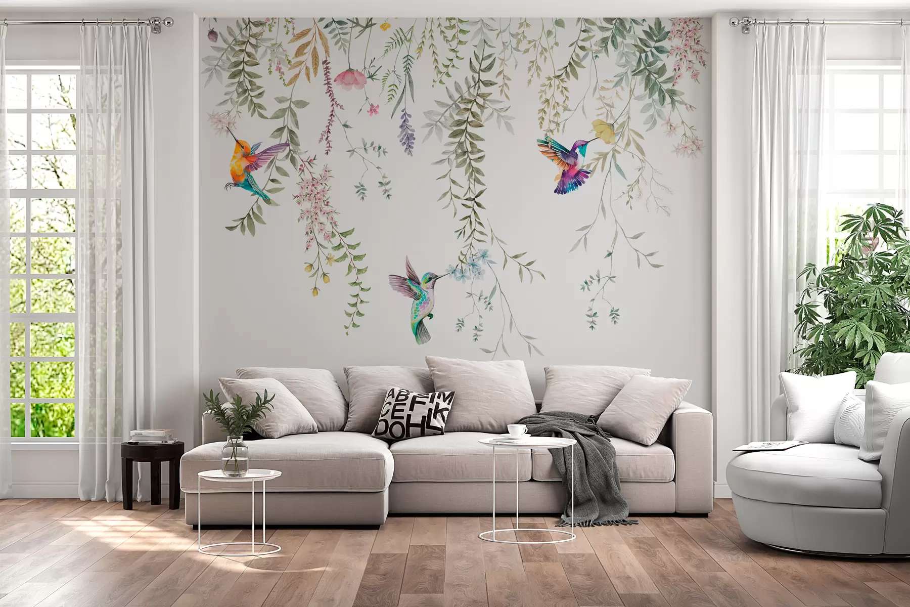 Fototapeta Wiszące kwiaty i liście oraz piękne kolibry w00660