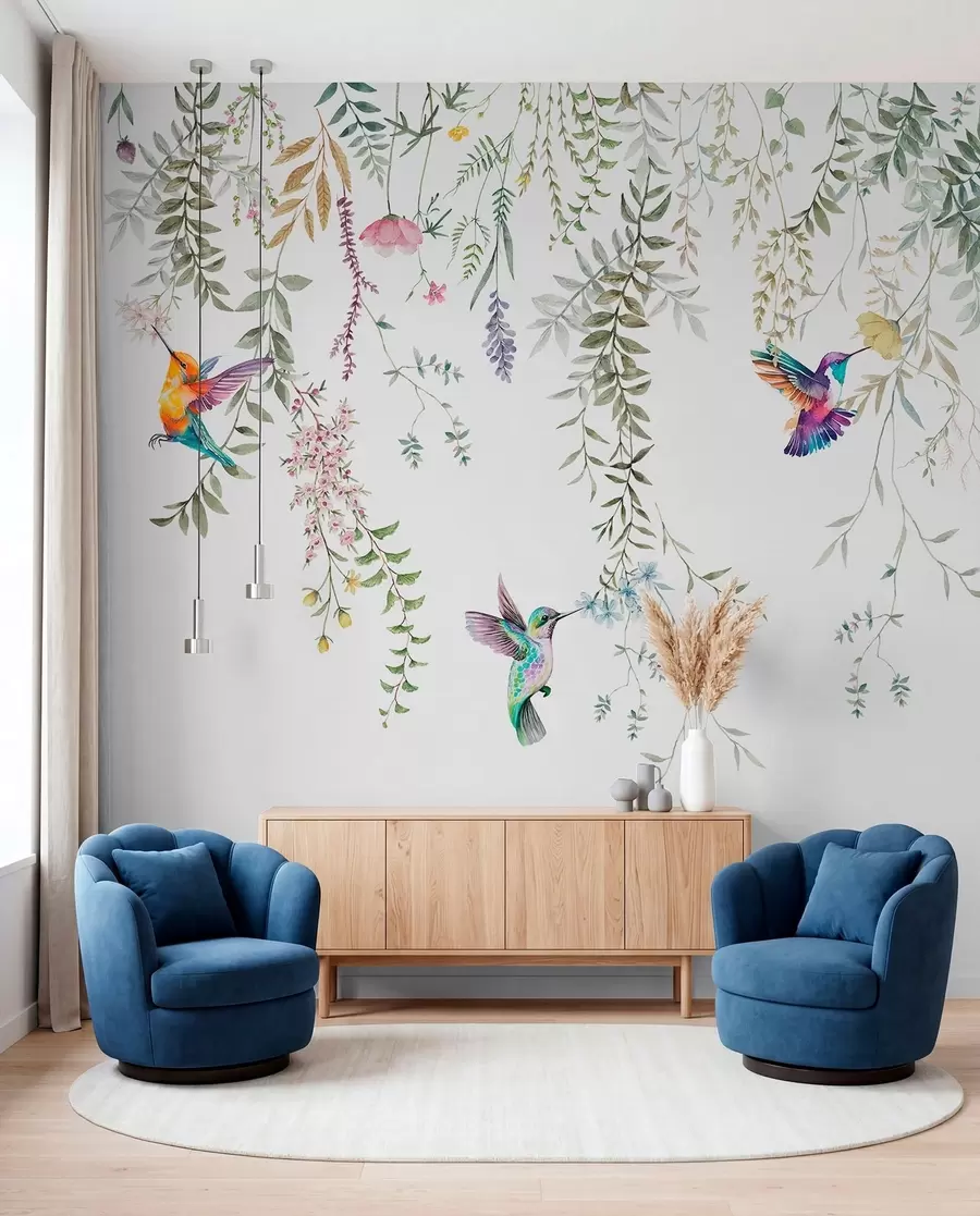 Fototapeta Wiszące kwiaty i liście oraz piękne kolibry w00660