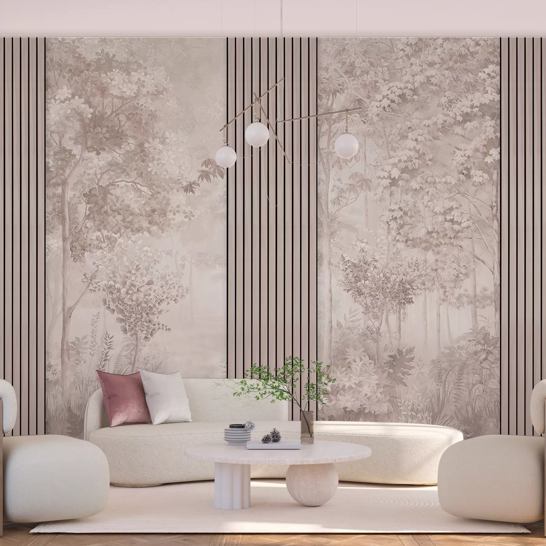 Fototapeta Panele drewniane i delikatny las w różowej tonacji w00670v1