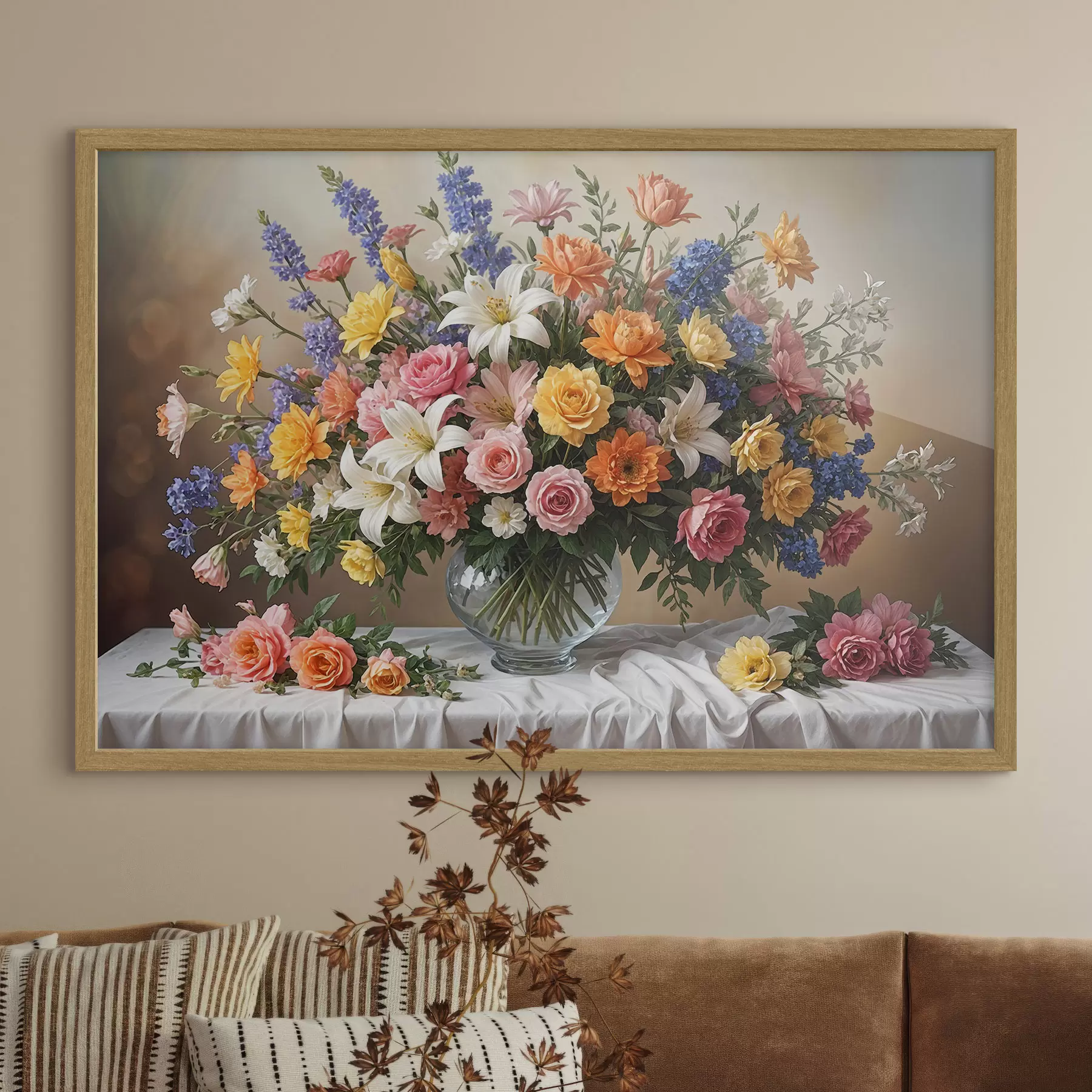 Fototapeta Żywy bukiet różnych kolorowych kwiatów w szklanym wazonie na białym obrusie w stylu vintage f38825