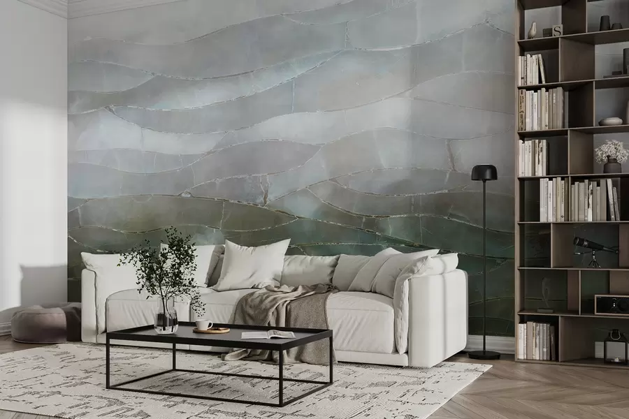 Fototapeta Teksturowany mglisty, pagórkowaty abstrakcyjny krajobraz gradientowy z toczącymi się zielonymi polami przez mgłę w00795