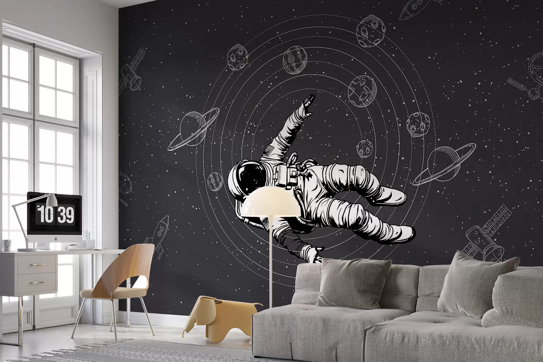 Fototapeta Astronauta i planety na ciemnoszarym tle w00712v5