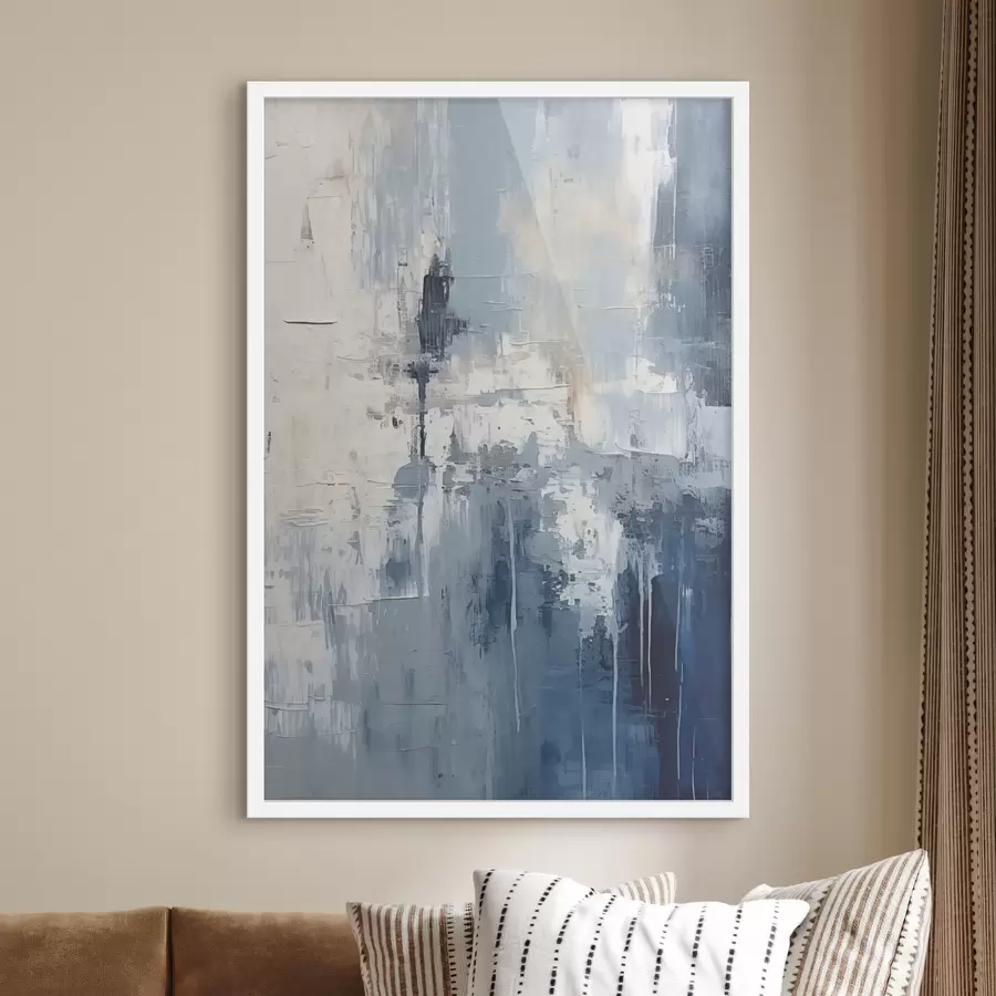 Fototapeta Abstrakcyjny minimalistyczny obraz olejny, przetarty, geometryczny, plama, kolor niebieski i biały f38906