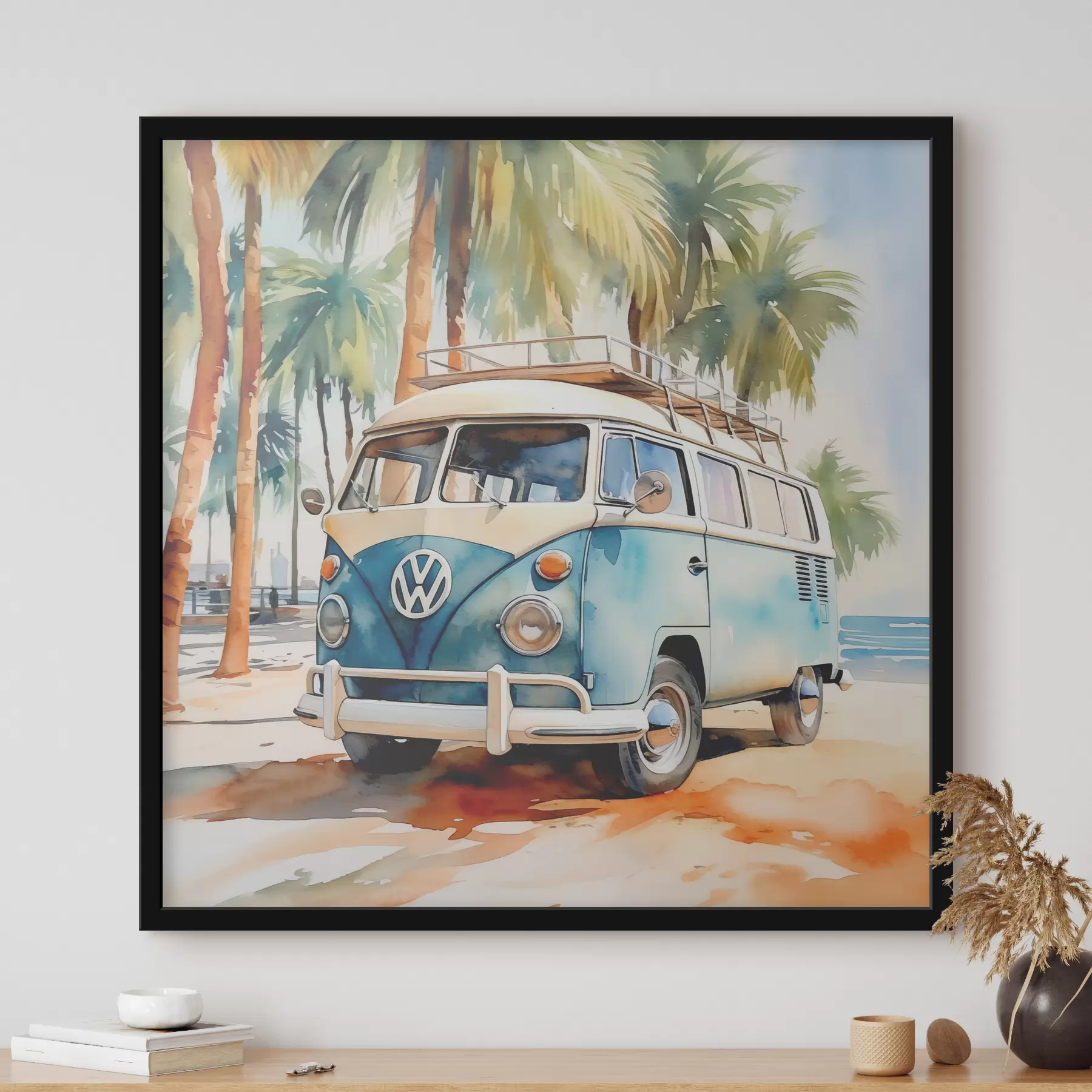 Obraz Samochód podróżny zaparkowany na plaży na tle akwarelowych palm f38911