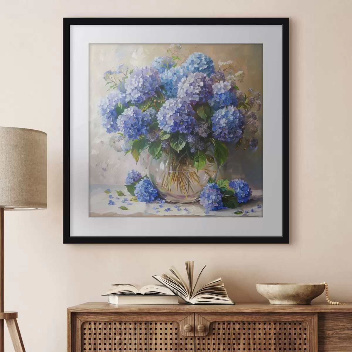 Plakat Niebieskie hortensje na stole f38709