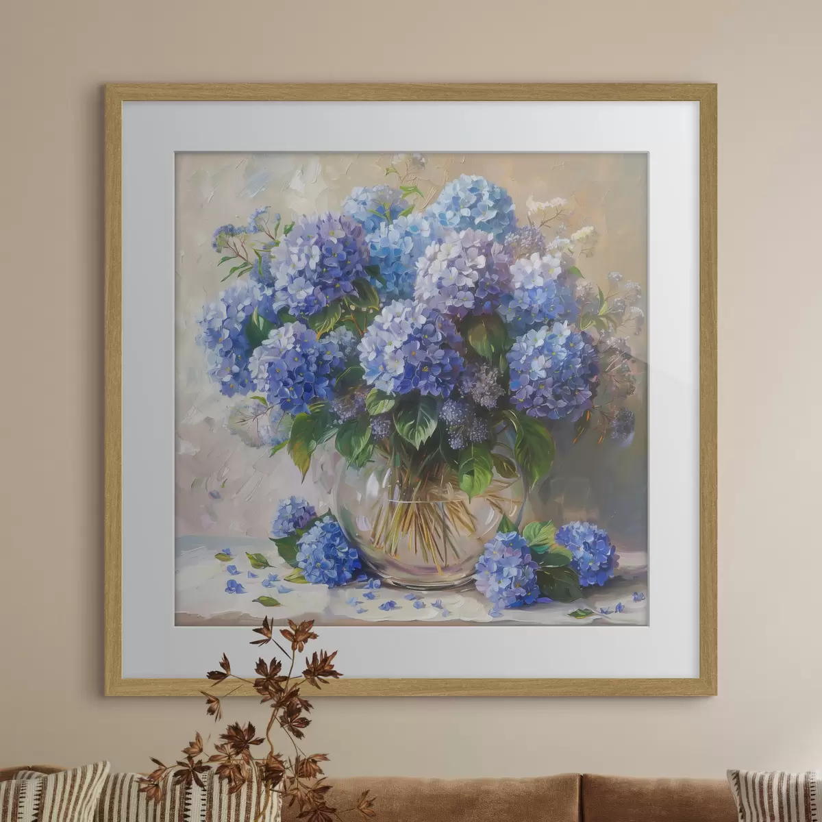 Plakat Niebieskie hortensje na stole f38709