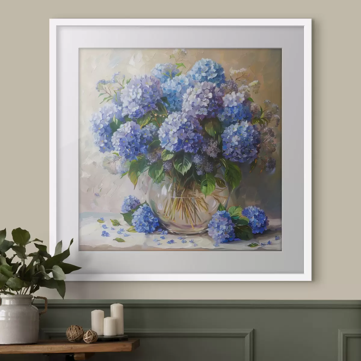 Plakat Niebieskie hortensje na stole f38709