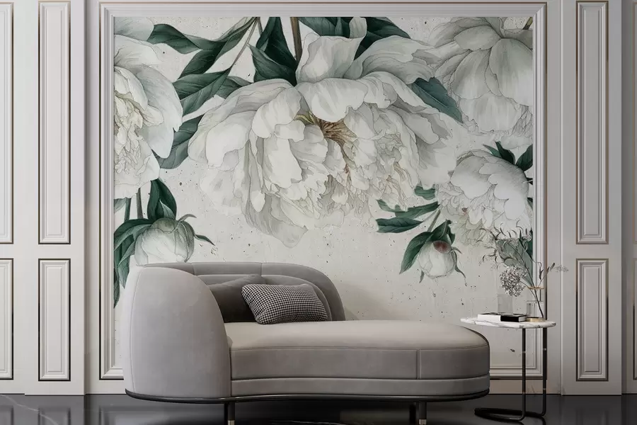 Fototapeta Białe duże piwonie z zielonymi liśćmi na jasnym teksturowanym tle w00837