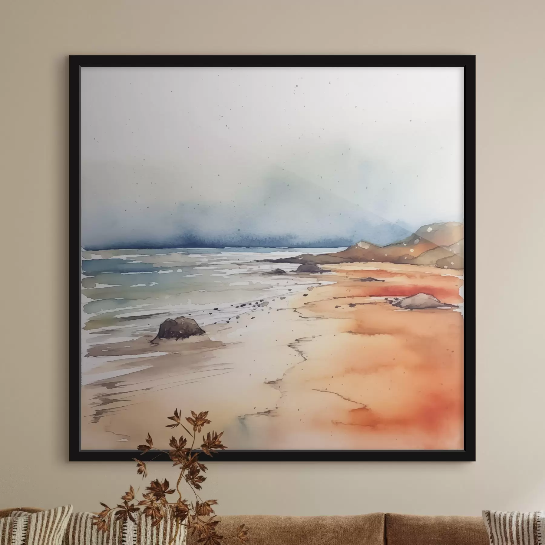 Fototapeta Morze i plaża, deszcz, akwarela, plamy, krajobraz, pejzaż, niebieski, pomarańczowy kolor f38936