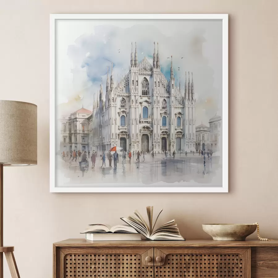Fototapeta Mediolan Duomo, architektura, miasto, deszcz, akwarela, niebieski, szary, spacerujący ludzie f38938