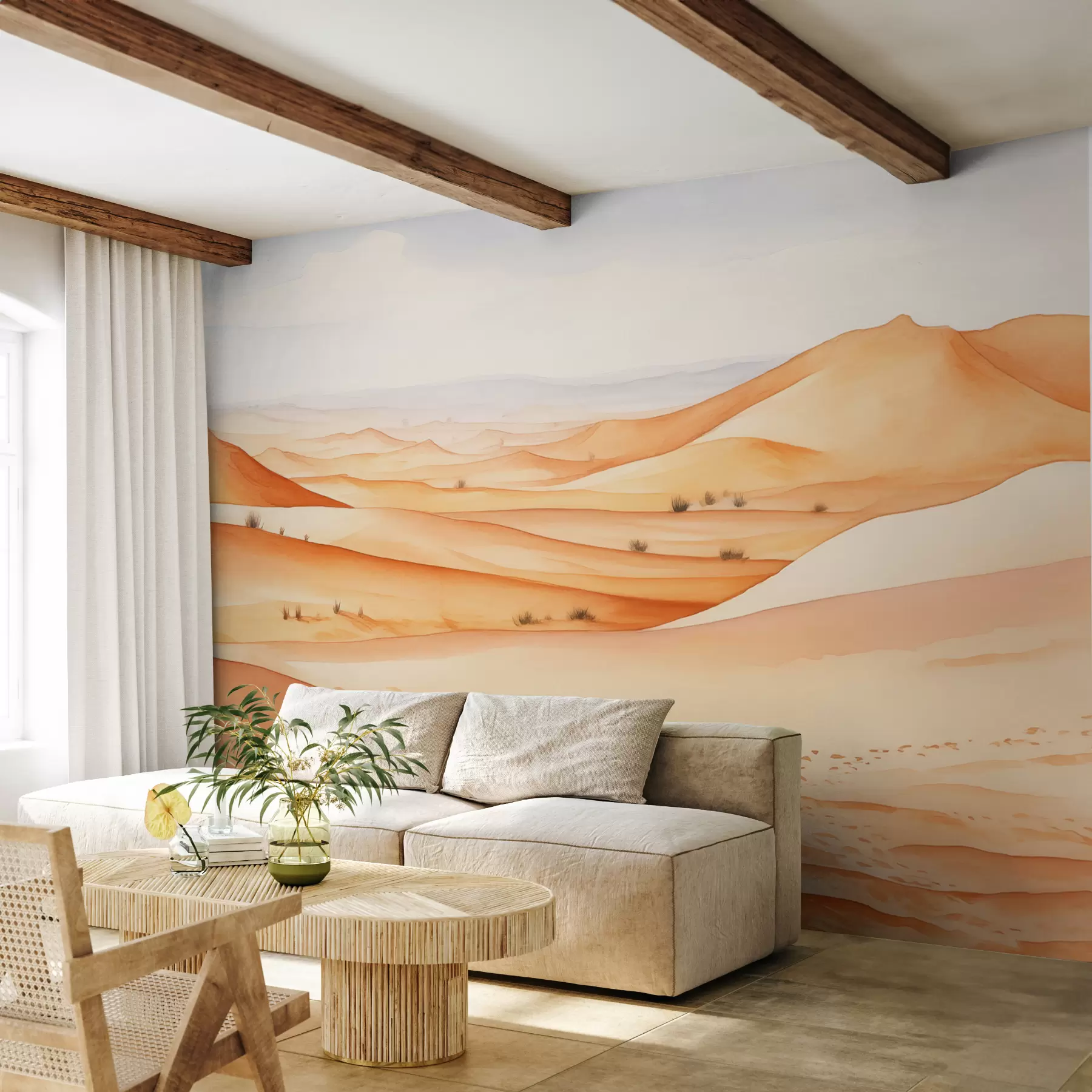 Fototapeta Wydmy na pustyni, akwarela krajobrazu piasku, kolor niebieski i pomarańczowy w00892